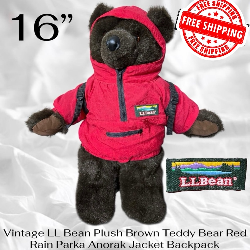 Vintage LL Bean Plush Brown Teddy Bear Red Rain Parka Anorak Jacket Backpack 16”
